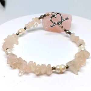 Rose Quartz Pearl and Sterling Silver Gemstone Bead Bracelet Handmade x kalyjwls